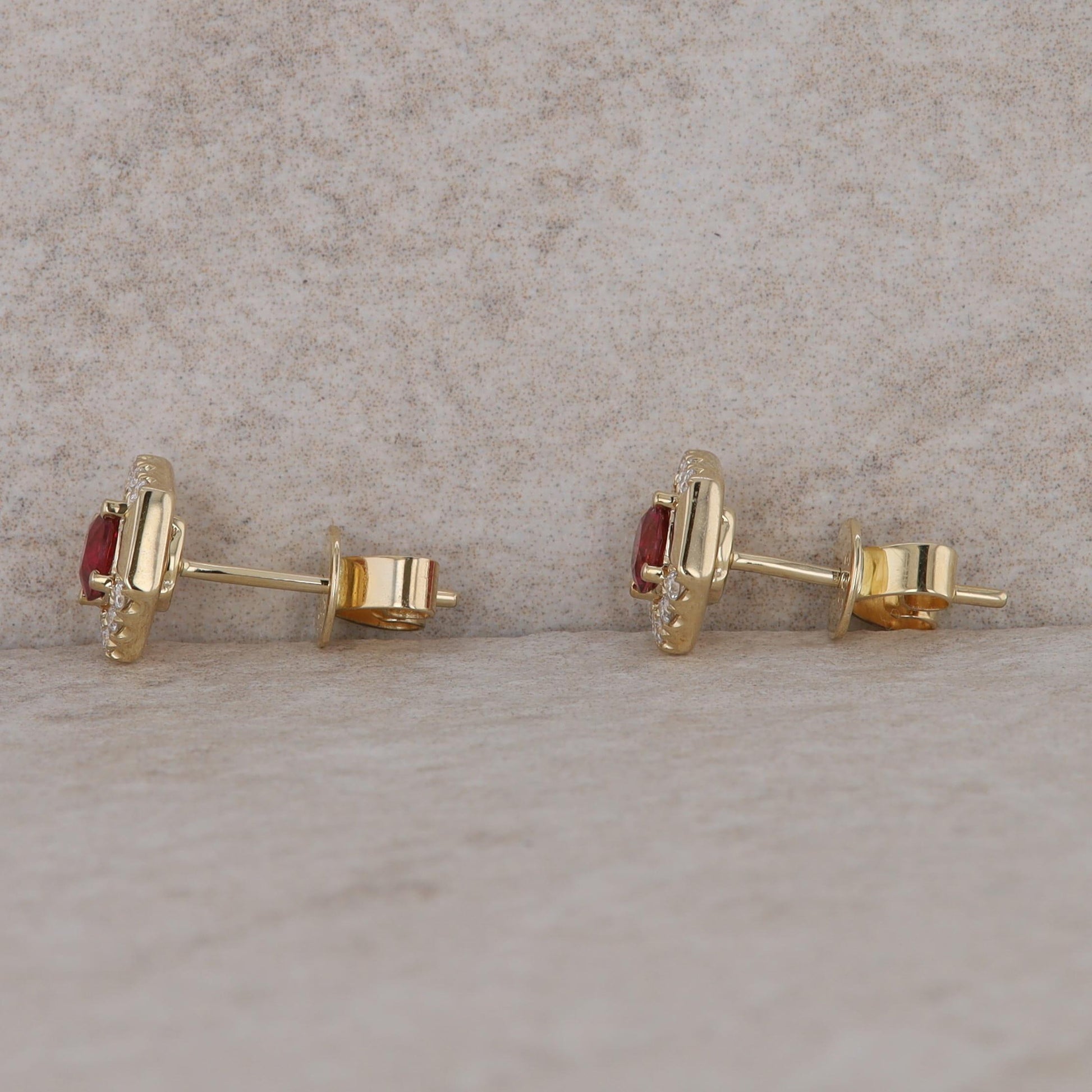 14k Yellow Gold Rubellite Tourmaline and Diamond Hexagon Stud Earrings