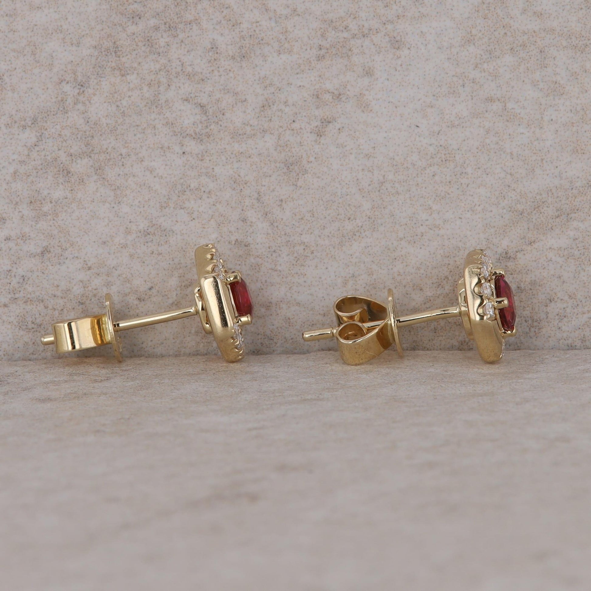 14k Yellow Gold Rubellite Tourmaline and Diamond Hexagon Stud Earrings