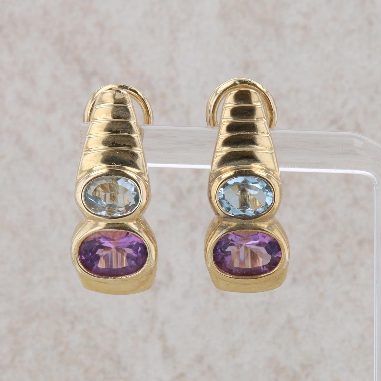 14k Yellow Gold Blue Topaz and Amethyst Earrings