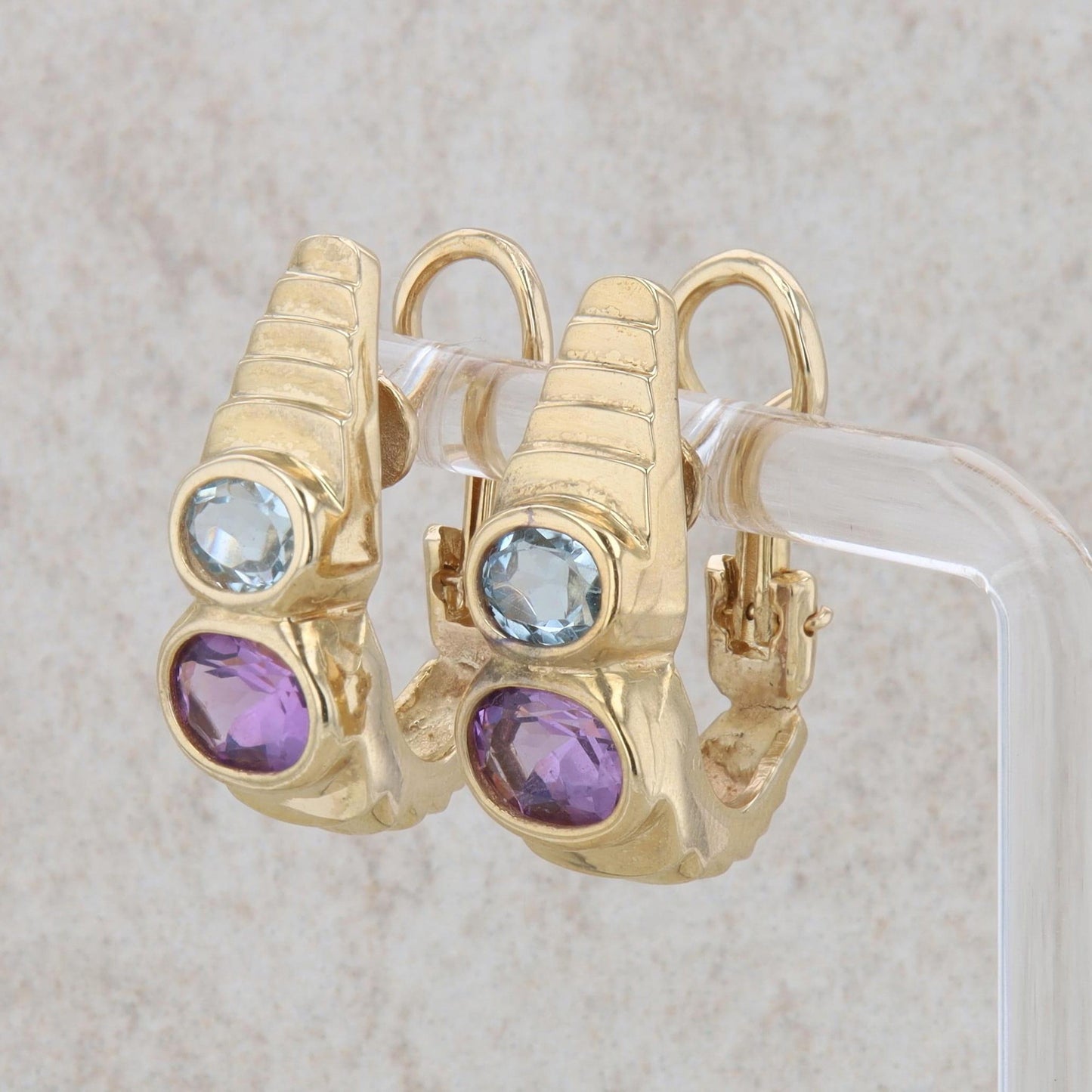 14k Yellow Gold Blue Topaz and Amethyst Earrings