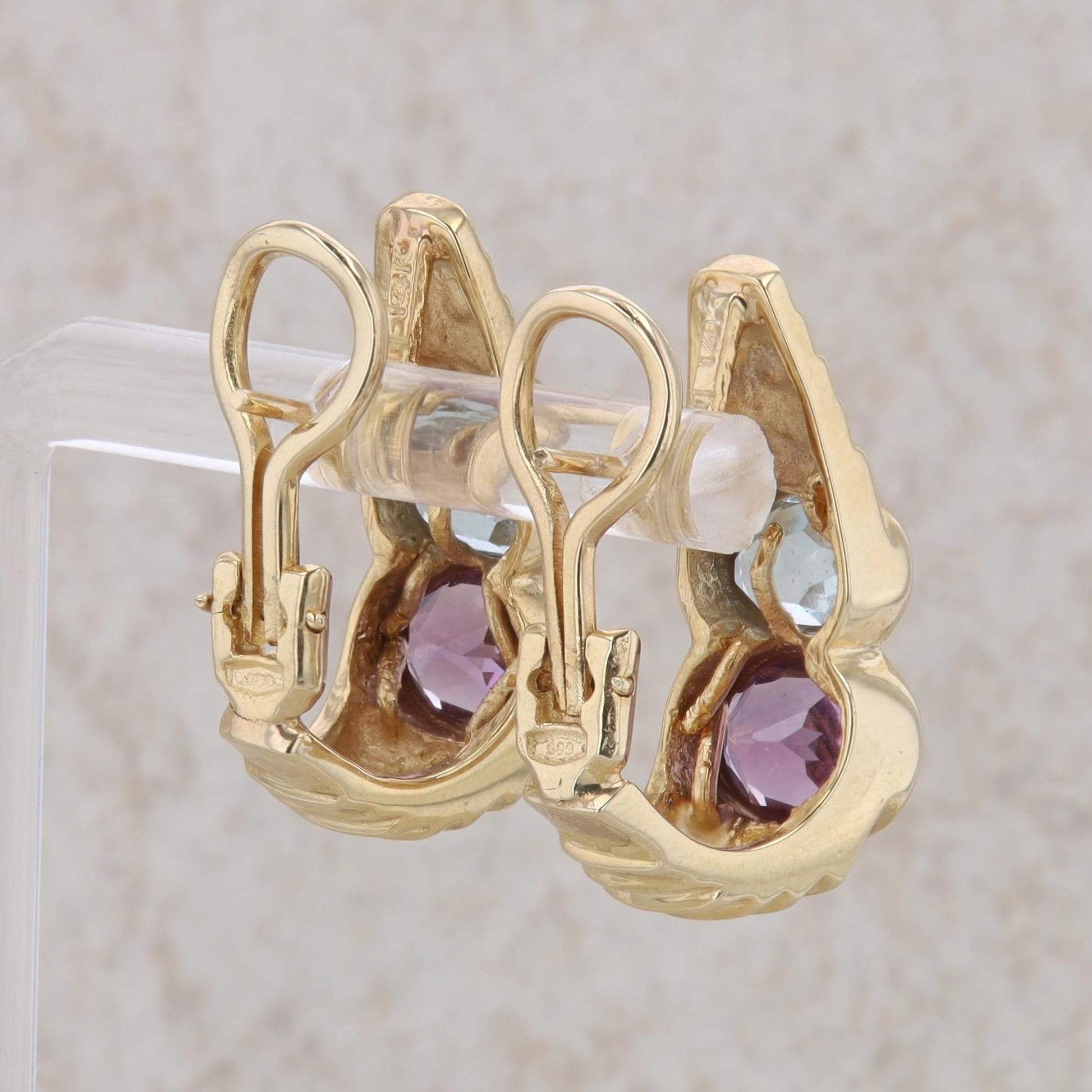 14k Yellow Gold Blue Topaz and Amethyst Earrings