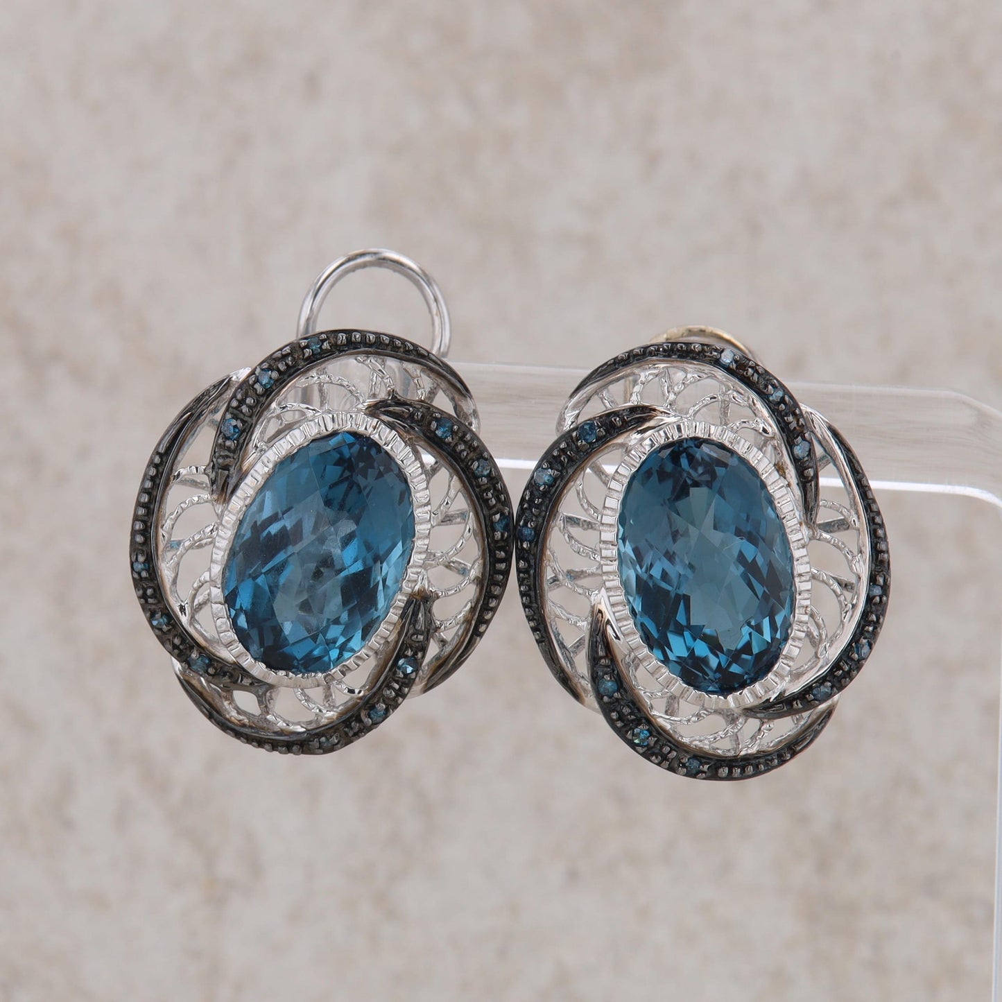 14k White Gold Oval Blue Topaz Earrings