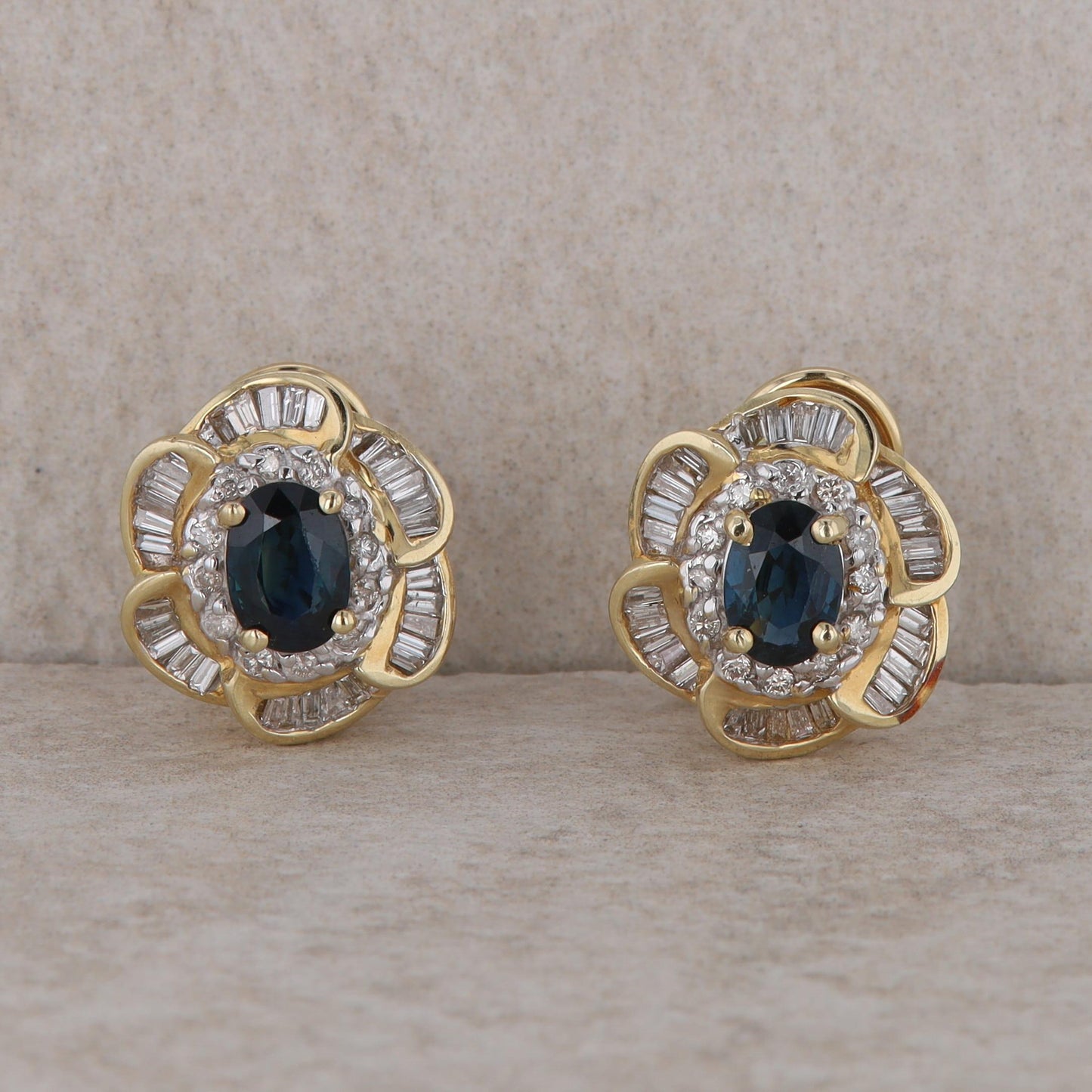 14k Yellow Gold Diamond Double Halo and Sapphire Omega Earrings