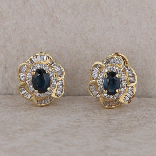 14k Yellow Gold Diamond Double Halo and Sapphire Omega Earrings