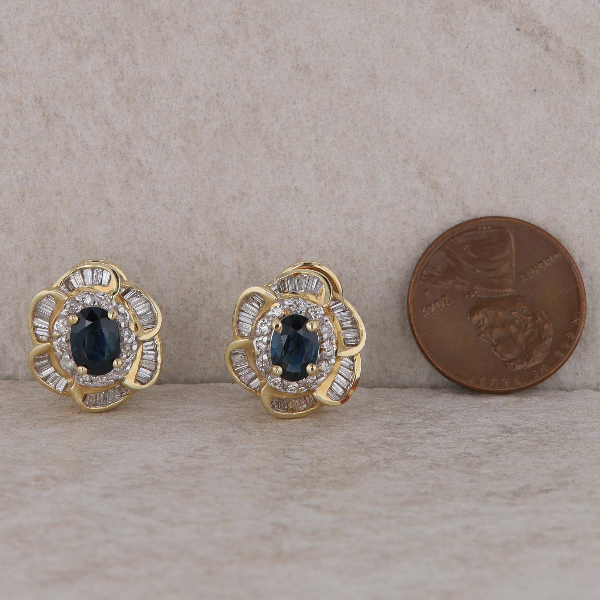 14k Yellow Gold Diamond Double Halo and Sapphire Omega Earrings