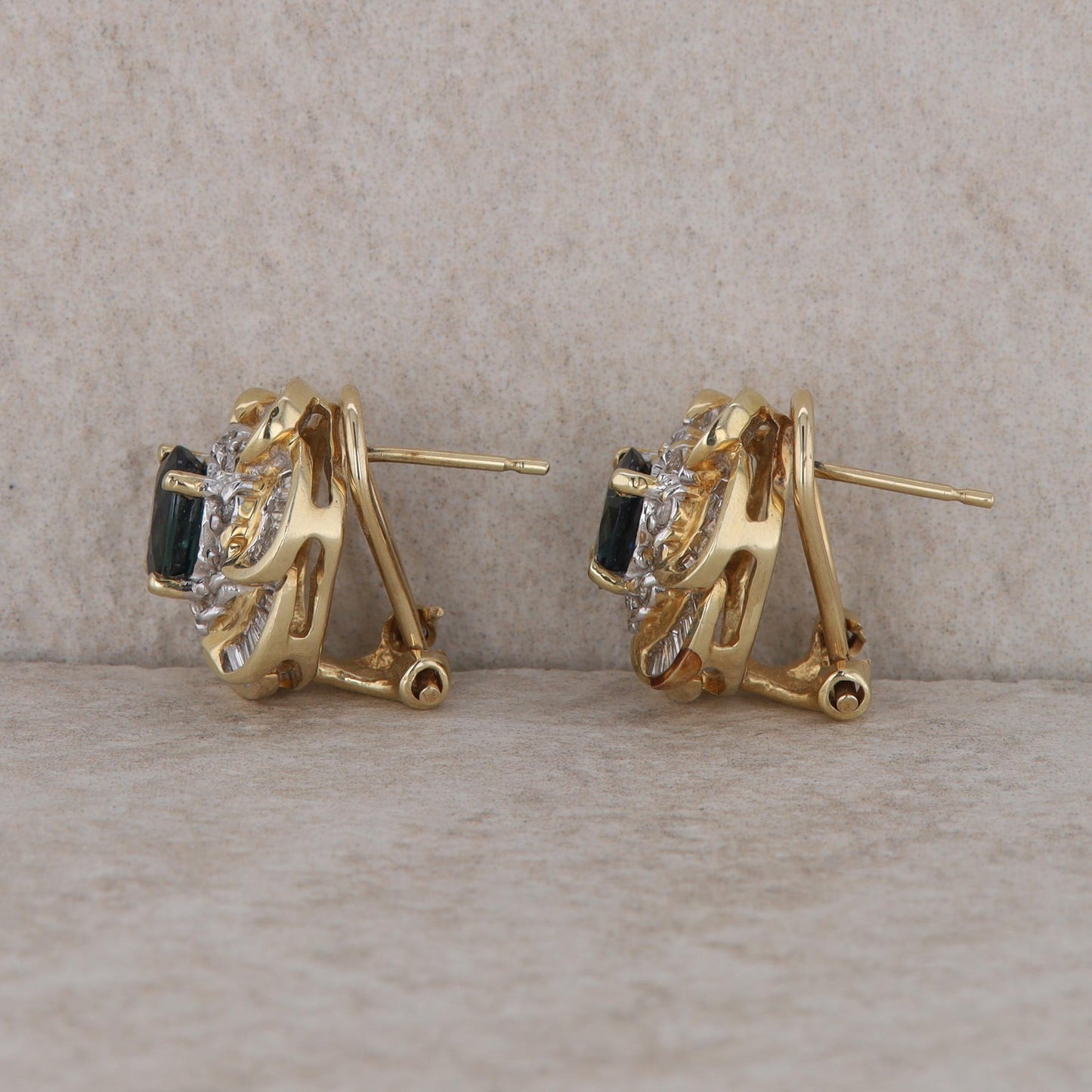 14k Yellow Gold Diamond Double Halo and Sapphire Omega Earrings