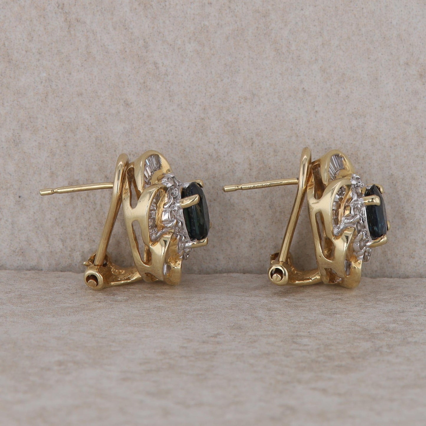 14k Yellow Gold Diamond Double Halo and Sapphire Omega Earrings