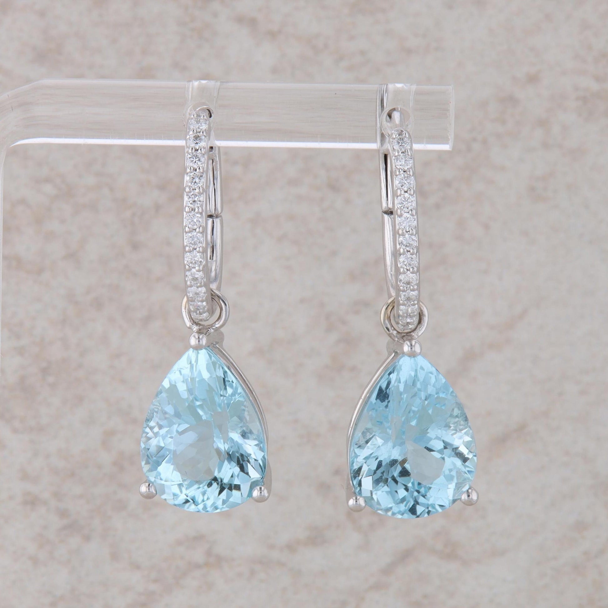 14k White Gold Diamond and Pear Shaped Aqua Dangle Earrings