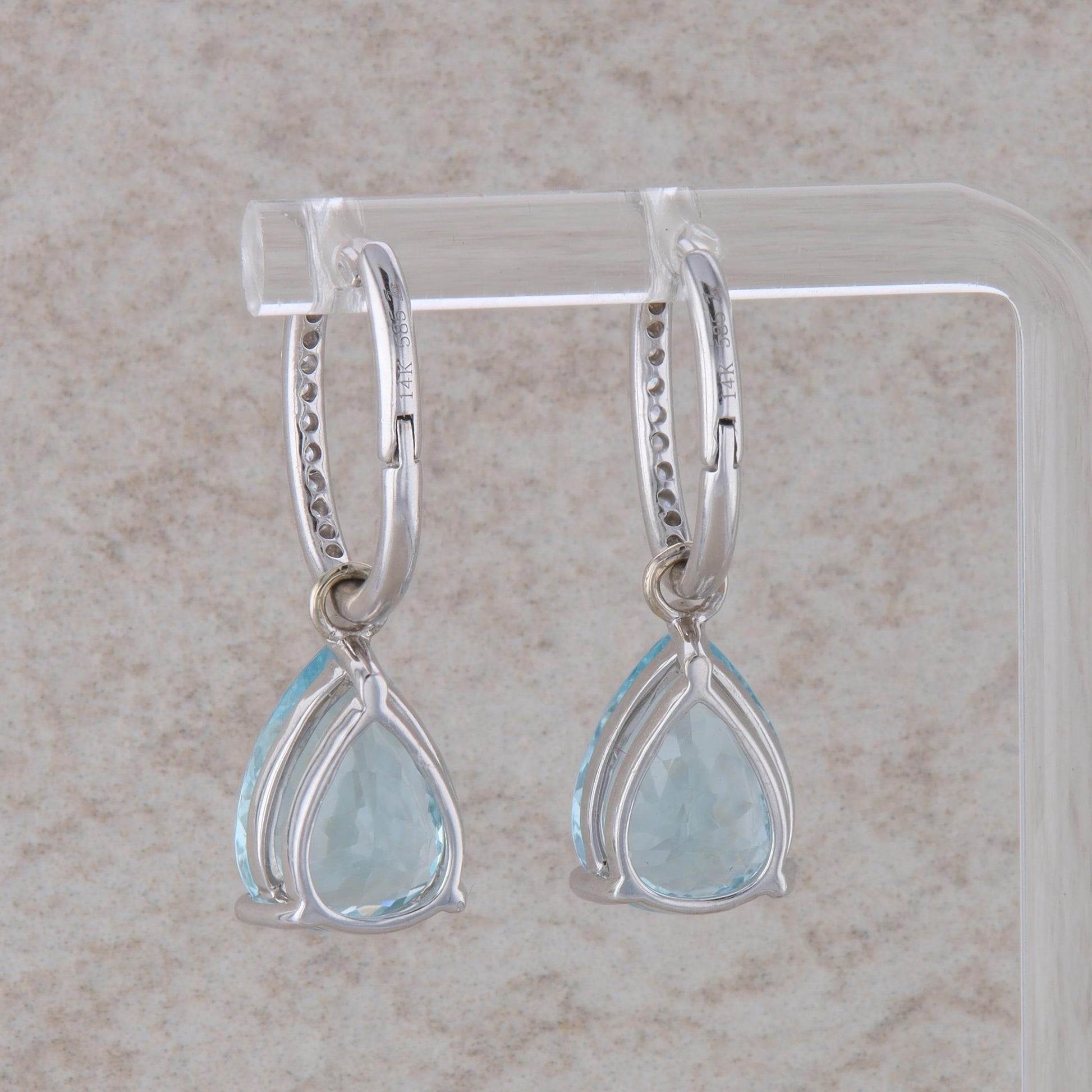 14k White Gold Diamond and Pear Shaped Aqua Dangle Earrings