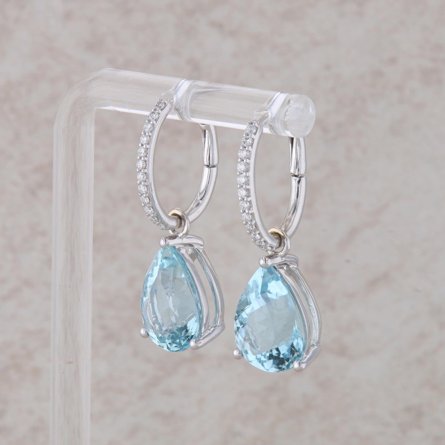 14k White Gold Diamond and Pear Shaped Aqua Dangle Earrings