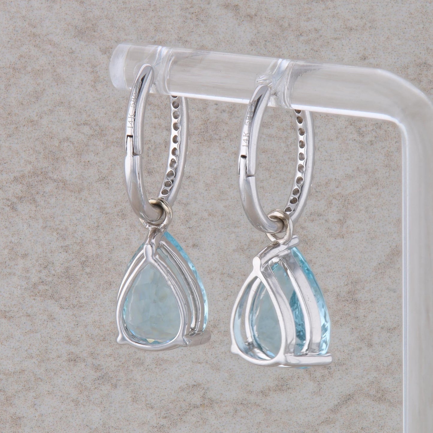 14k White Gold Diamond and Pear Shaped Aqua Dangle Earrings