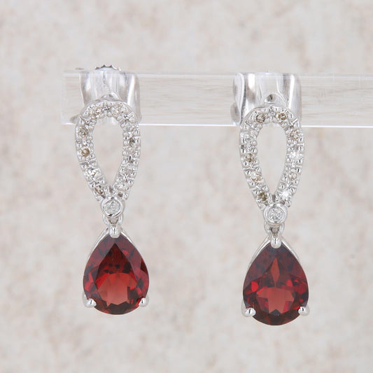 14k White Gold Pear Garnet and Diamond Dangle Earrings