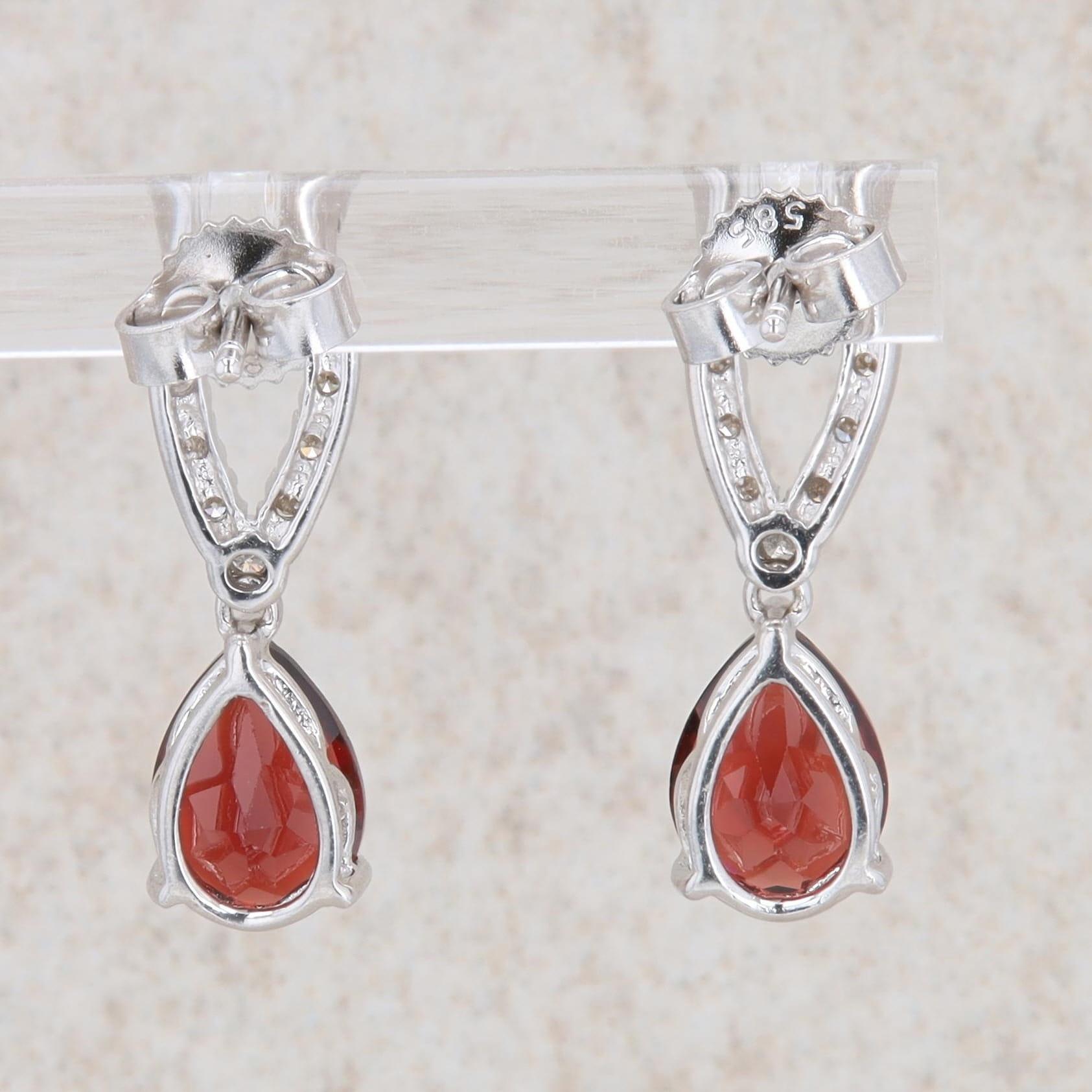 14k White Gold Pear Garnet and Diamond Dangle Earrings