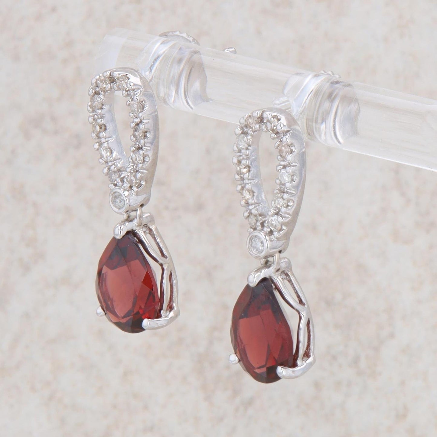 14k White Gold Pear Garnet and Diamond Dangle Earrings