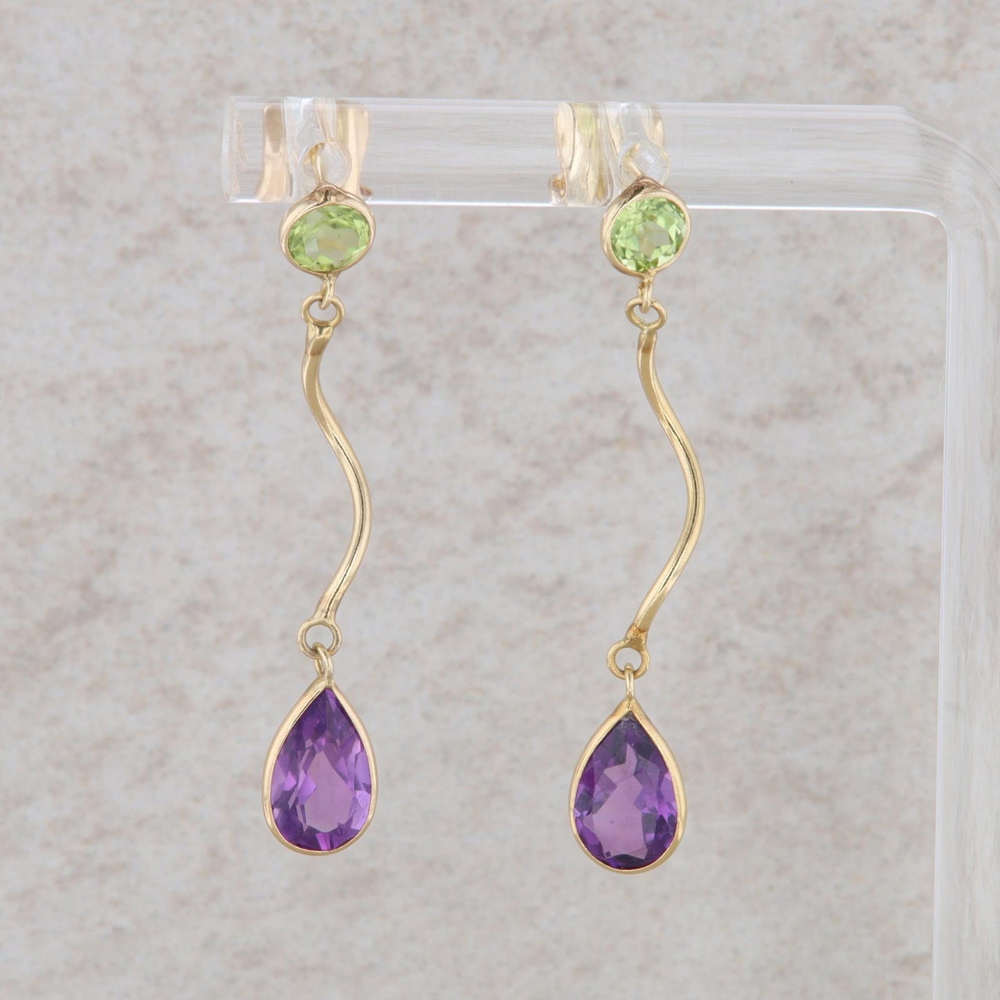 14k Yellow Gold Amethyst and Peridot Dangle Earrings