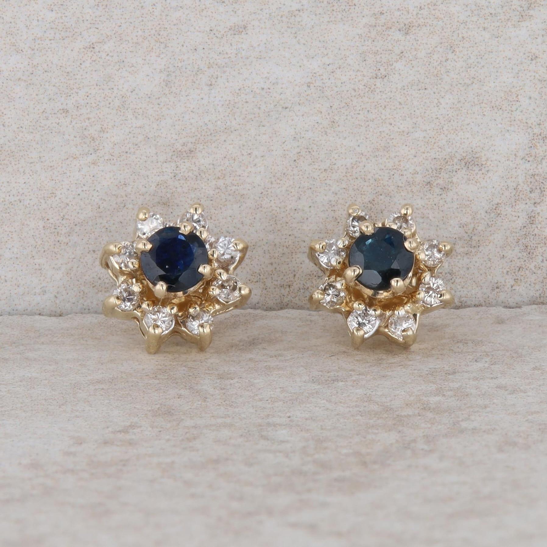 14k Yellow Gold Round Sapphire Stud Earrings + Diamond Halo Earring Jackets