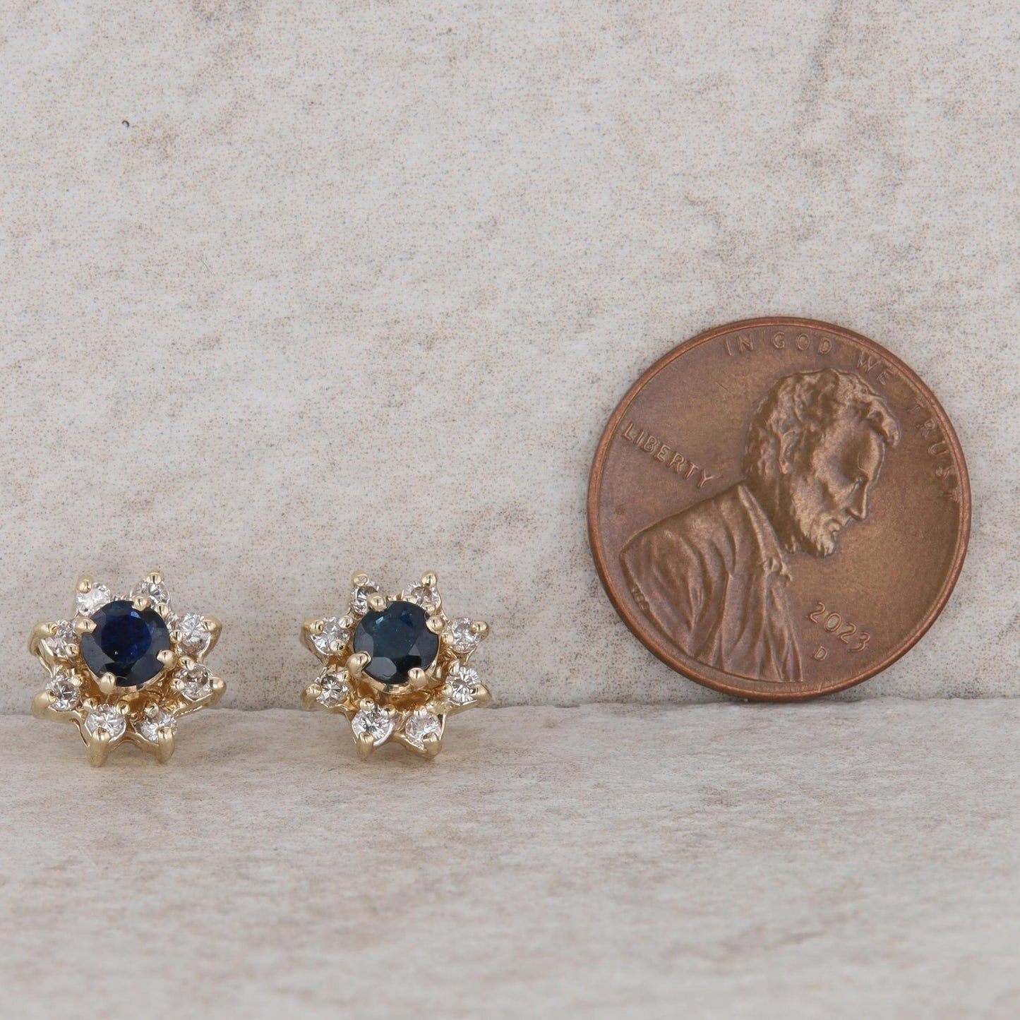 14k Yellow Gold Round Sapphire Stud Earrings + Diamond Halo Earring Jackets