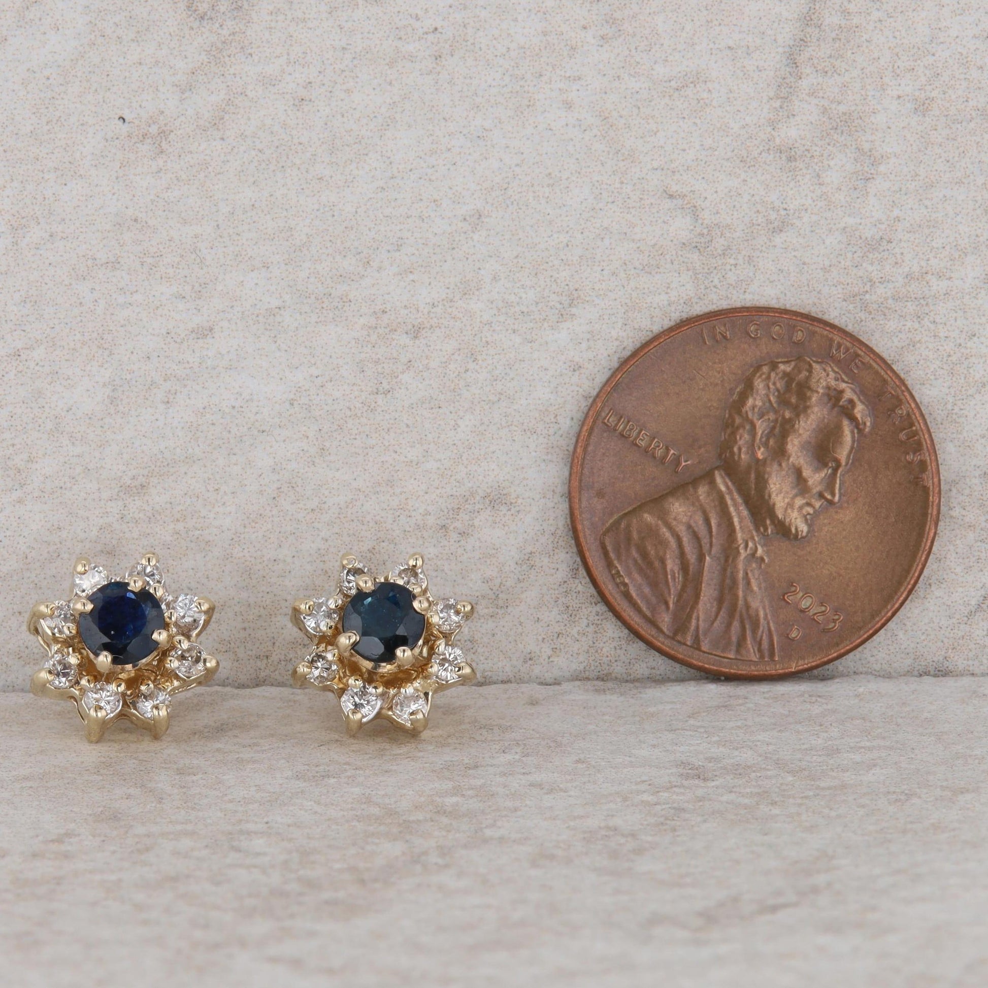 14k Yellow Gold Round Sapphire Stud Earrings + Diamond Halo Earring Jackets