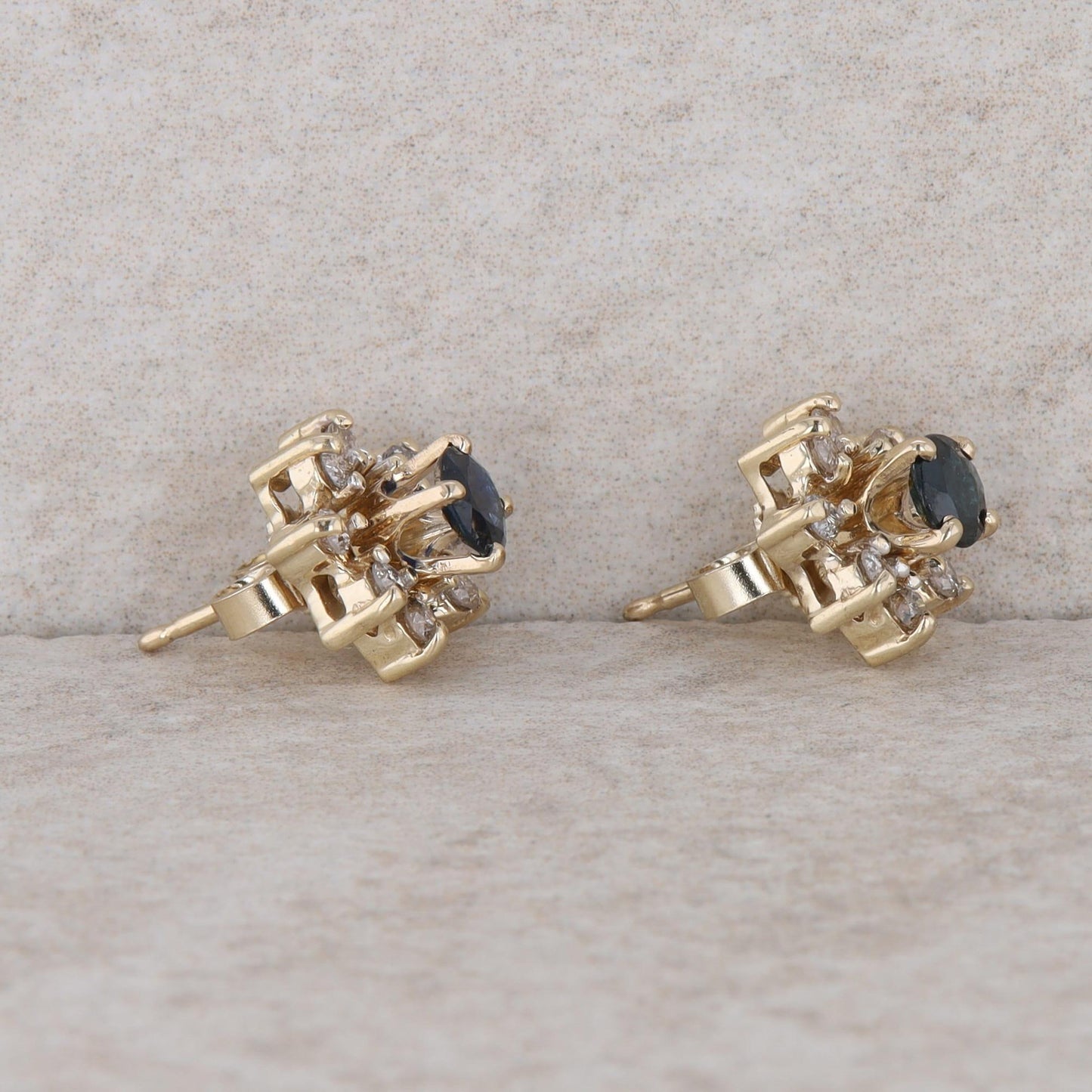 14k Yellow Gold Round Sapphire Stud Earrings + Diamond Halo Earring Jackets