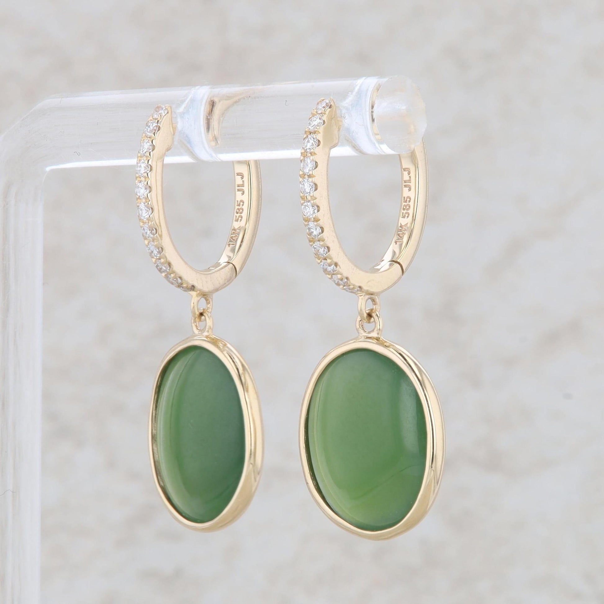 14k Yellow Gold Jade and Diamond Dangle Earrings