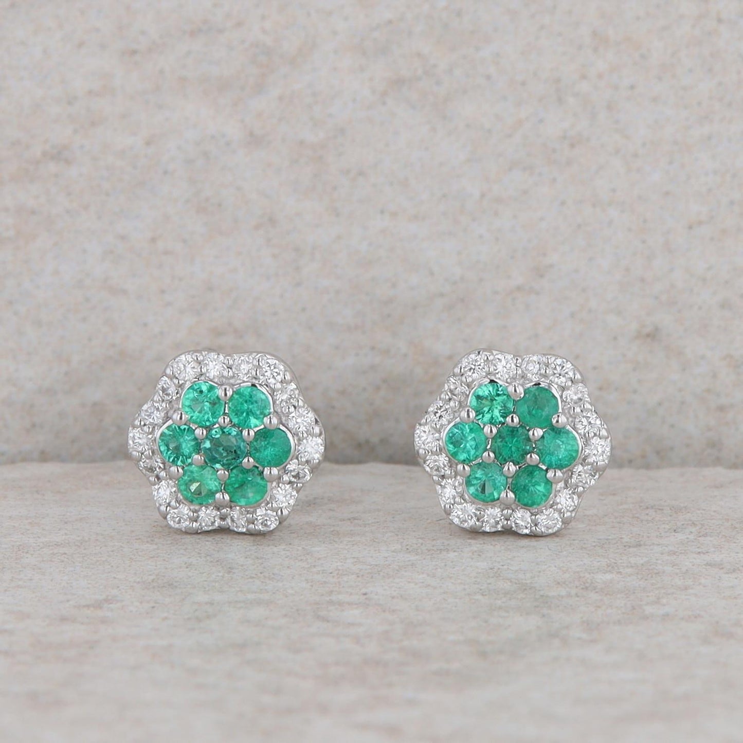 14k White Gold Diamond and Emerald Floral Stud Earrings