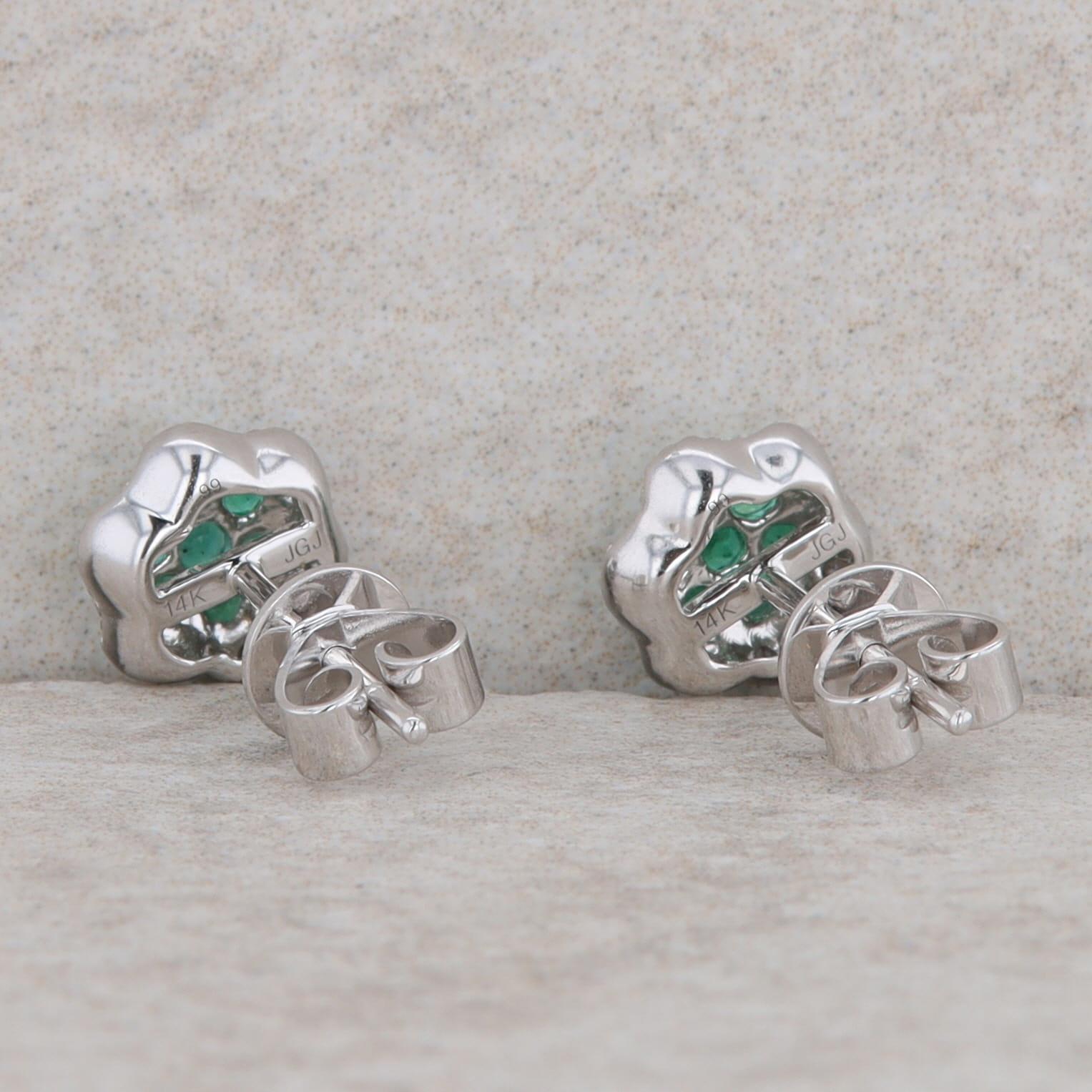 14k White Gold Diamond and Emerald Floral Stud Earrings