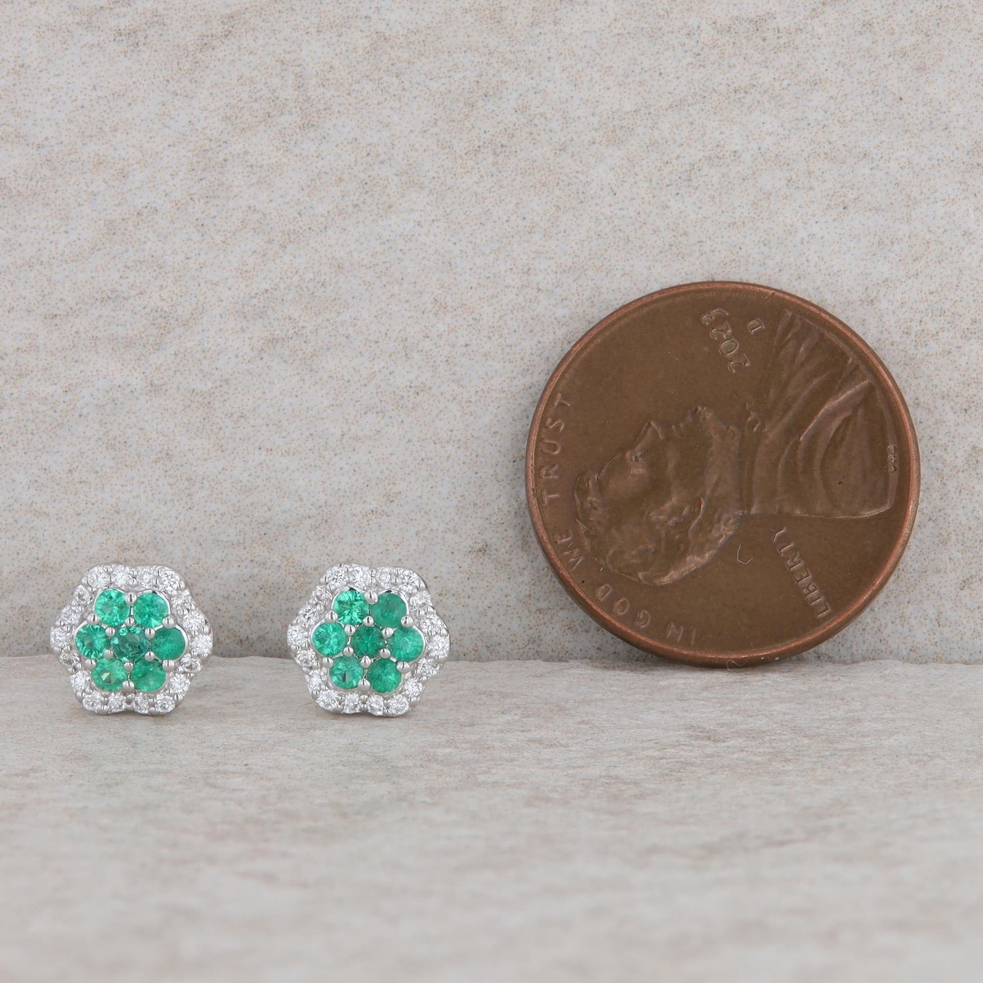 14k White Gold Diamond and Emerald Floral Stud Earrings