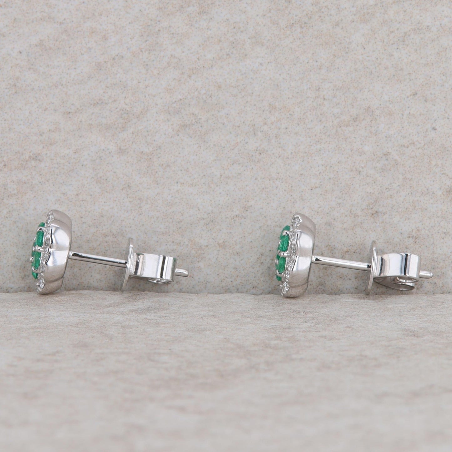 14k White Gold Diamond and Emerald Floral Stud Earrings