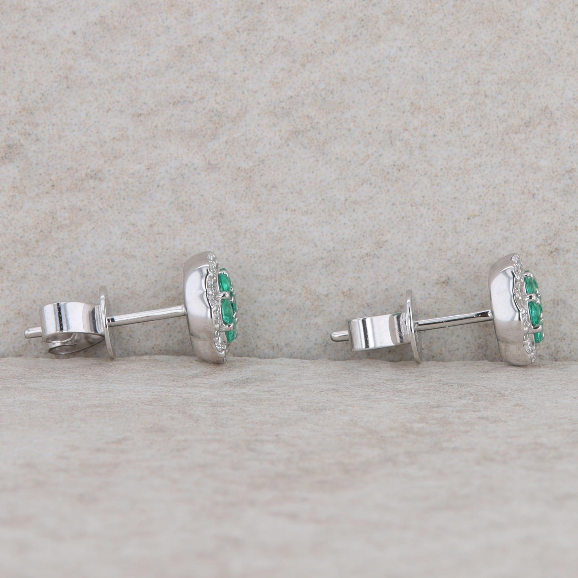 14k White Gold Diamond and Emerald Floral Stud Earrings