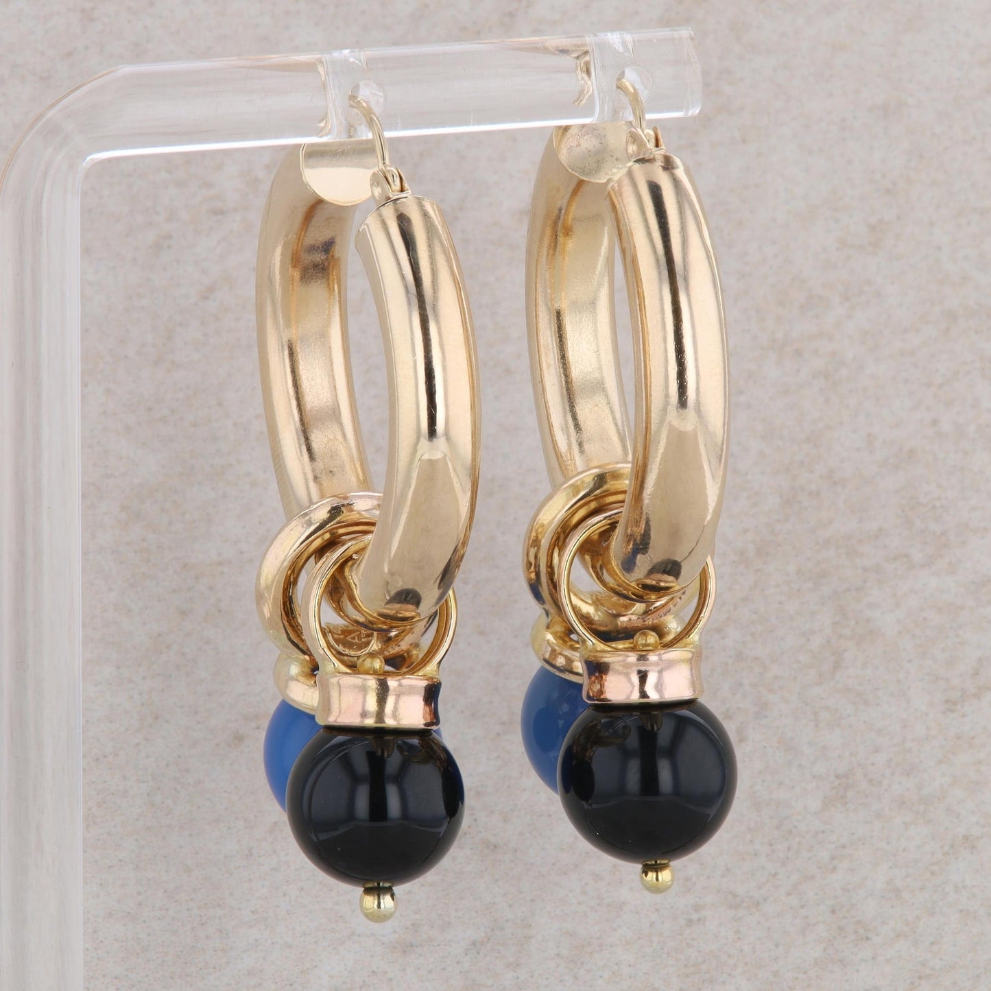 14k Yellow Gold Hoops with Dyed Chalcedony and Onyx Bead Earrings