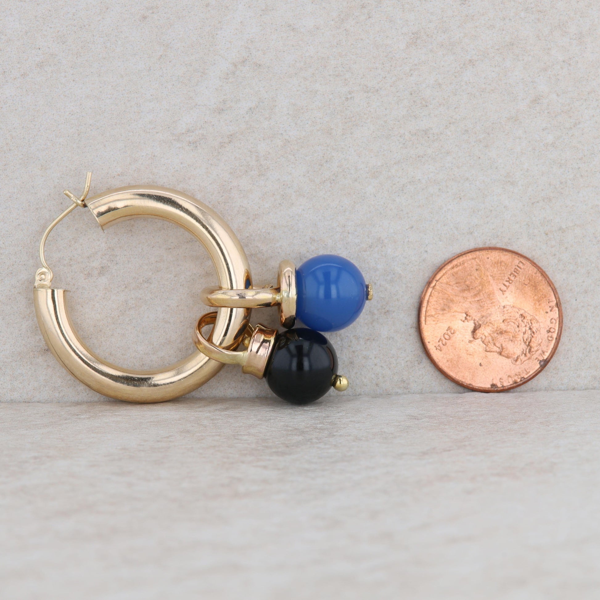 14k Yellow Gold Hoops with Dyed Chalcedony and Onyx Bead Earrings