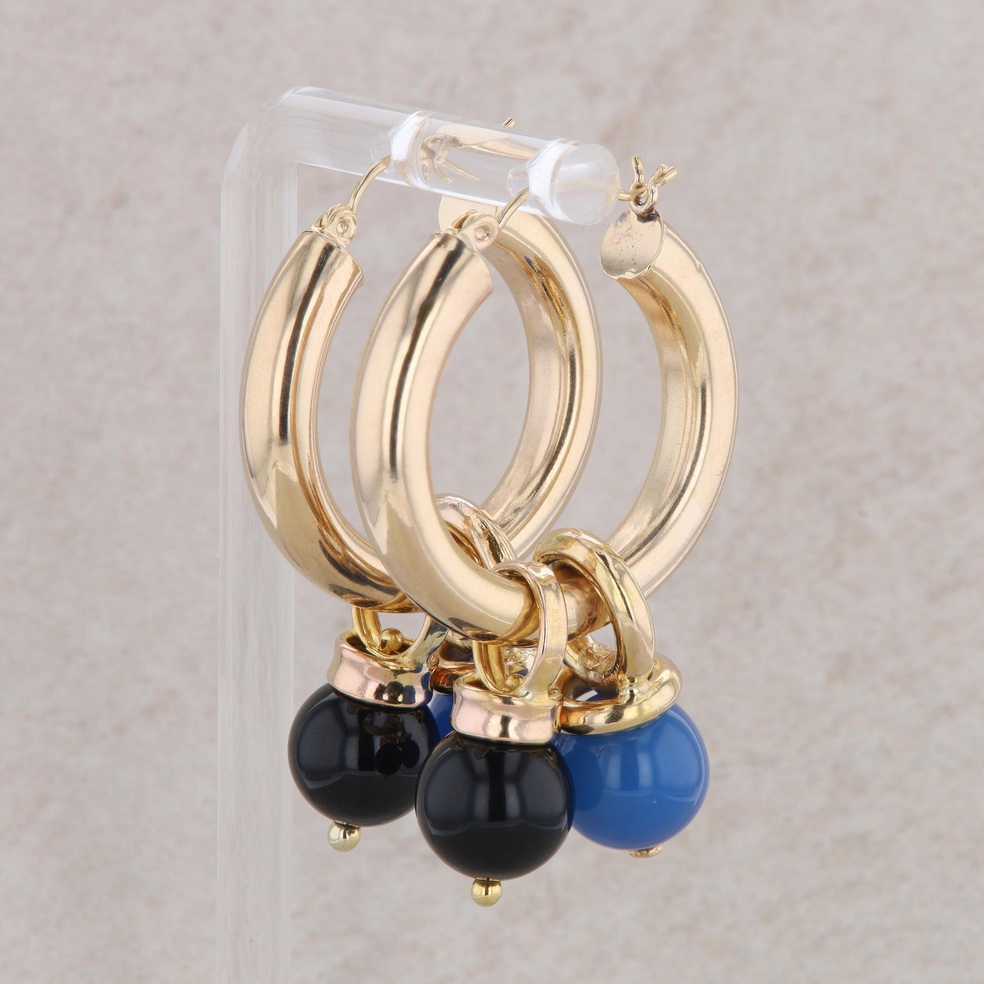 14k Yellow Gold Hoops with Dyed Chalcedony and Onyx Bead Earrings