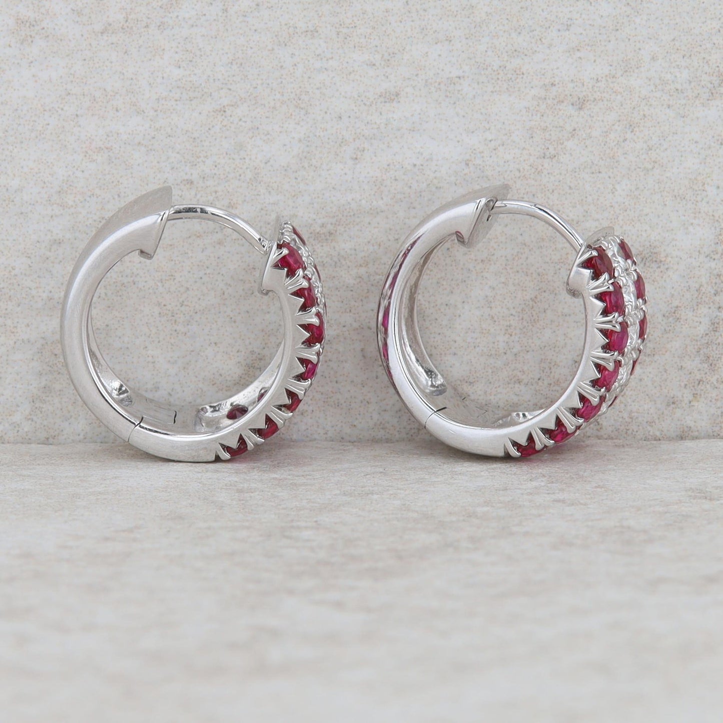 18k White Gold Ruby and Diamond Triple Row Hoop Earrings