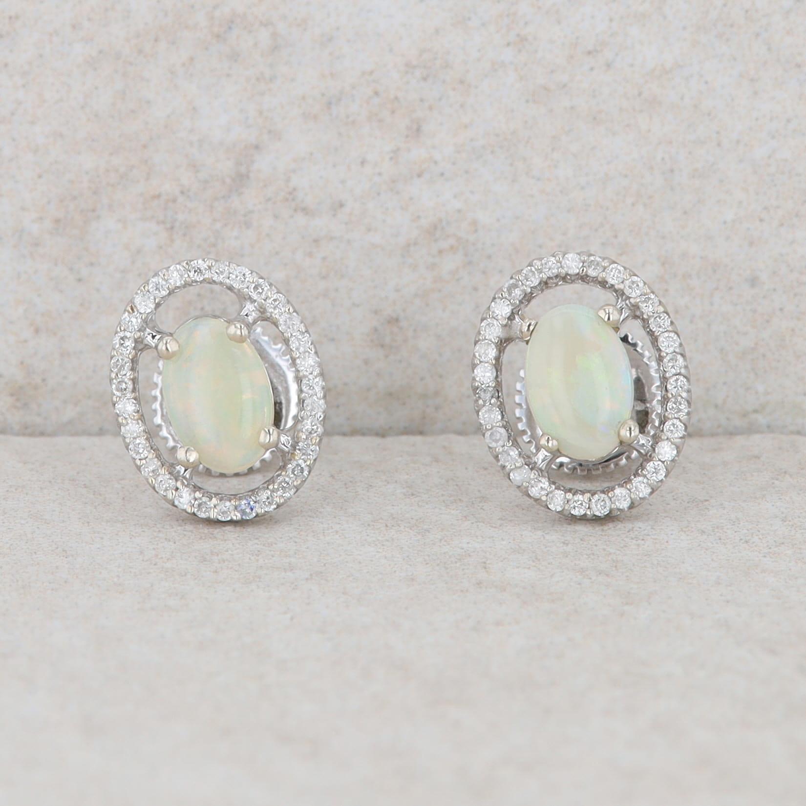 14k White Gold Oval Opal Diamond Halo Stud Earrings