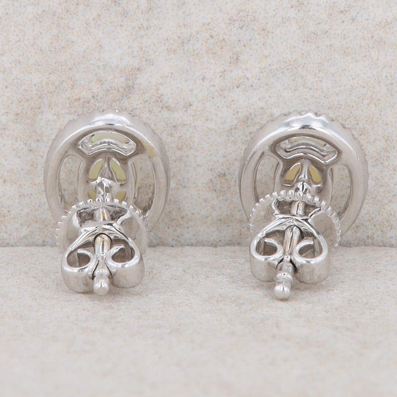 14k White Gold Oval Opal Diamond Halo Stud Earrings