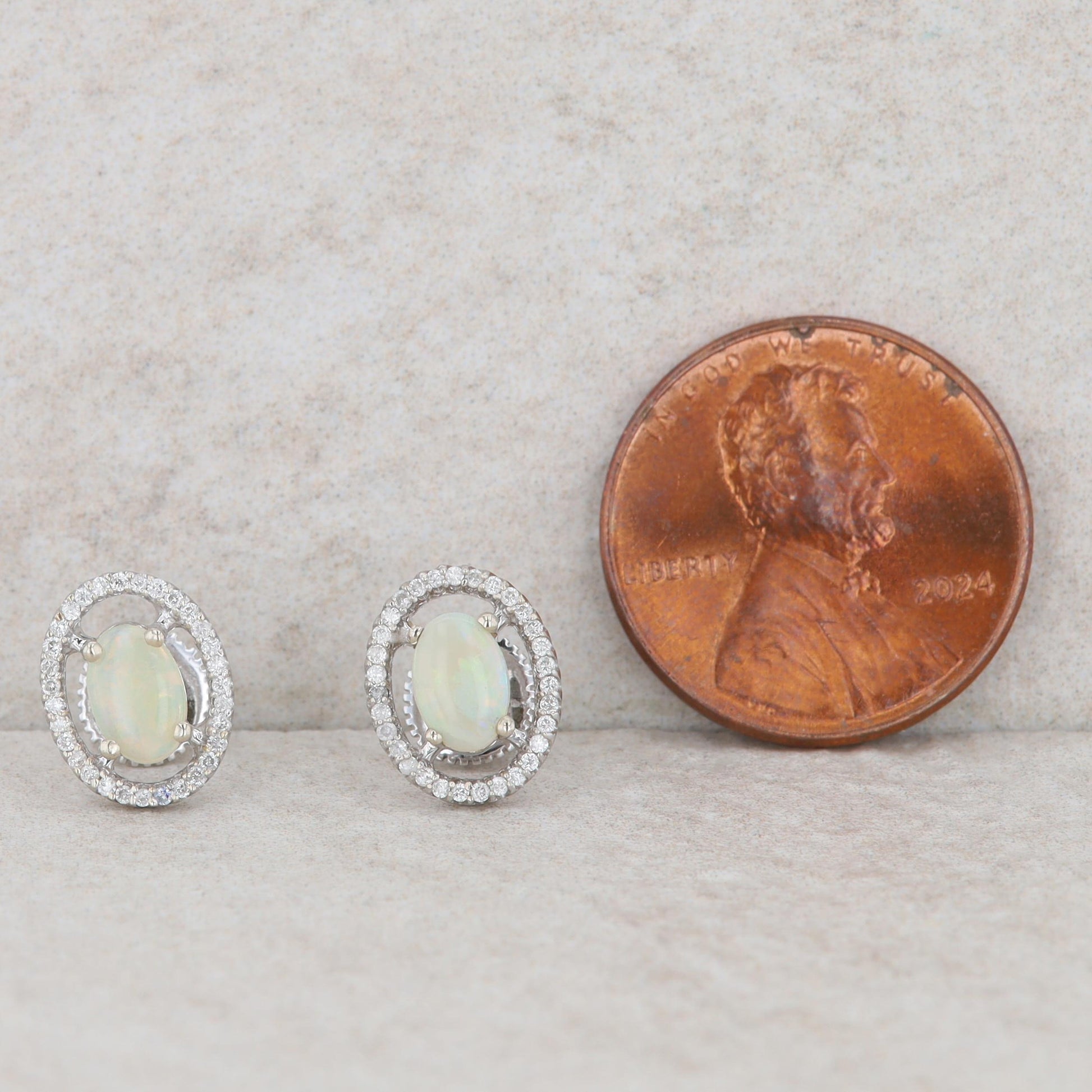 14k White Gold Oval Opal Diamond Halo Stud Earrings