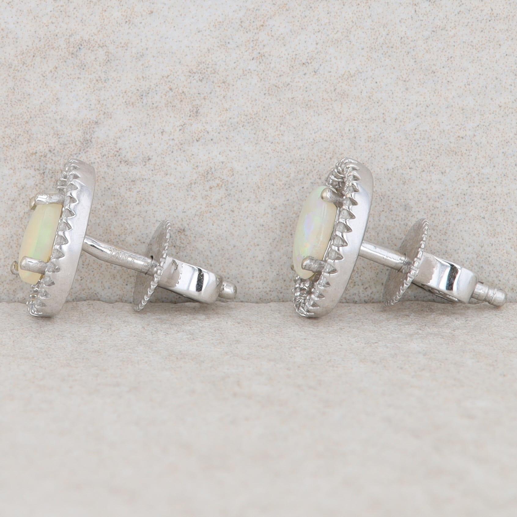 14k White Gold Oval Opal Diamond Halo Stud Earrings