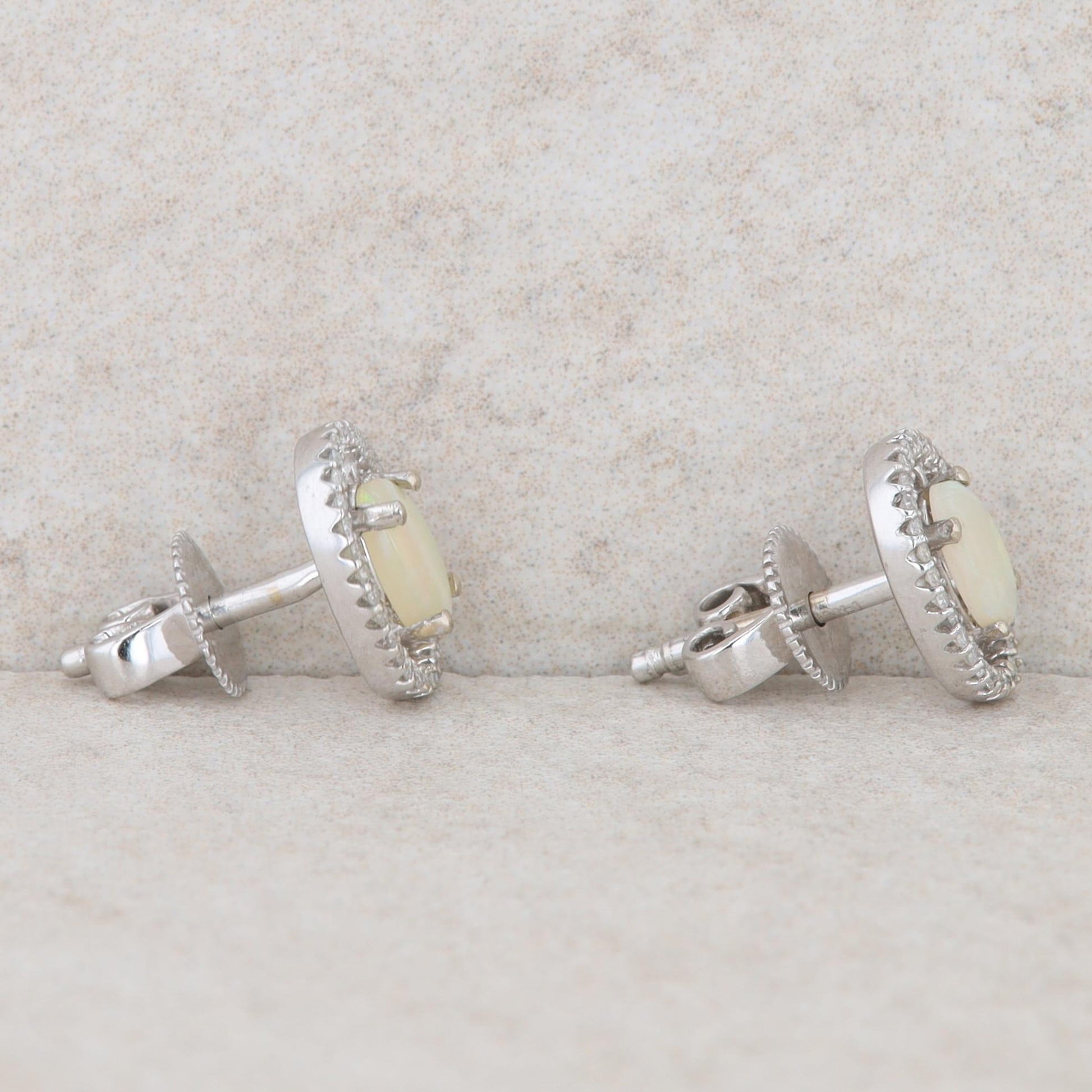 14k White Gold Oval Opal Diamond Halo Stud Earrings