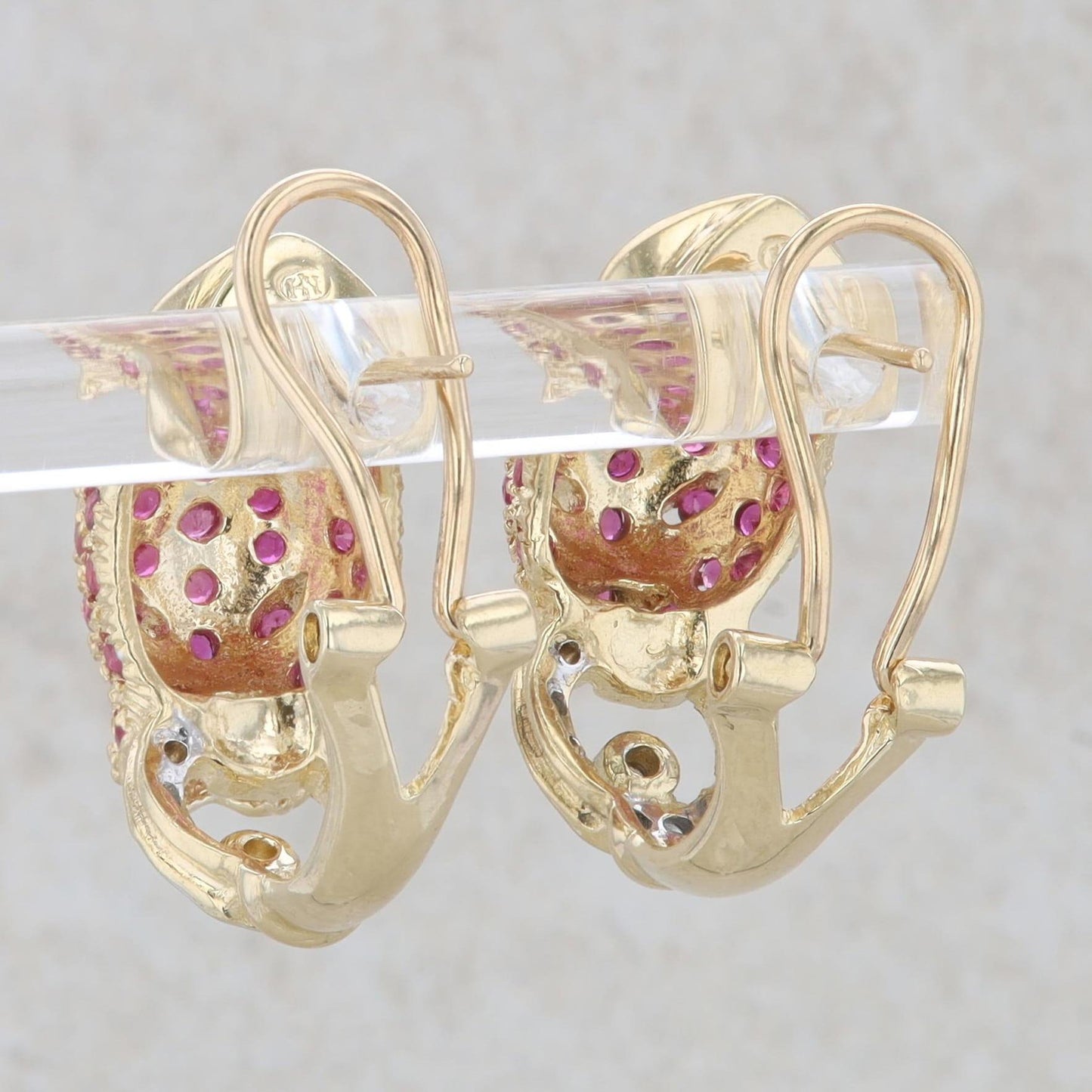 Heng Ngai 14k Yellow Gold Ruby & Diamond Leopard Omega Back Earrings