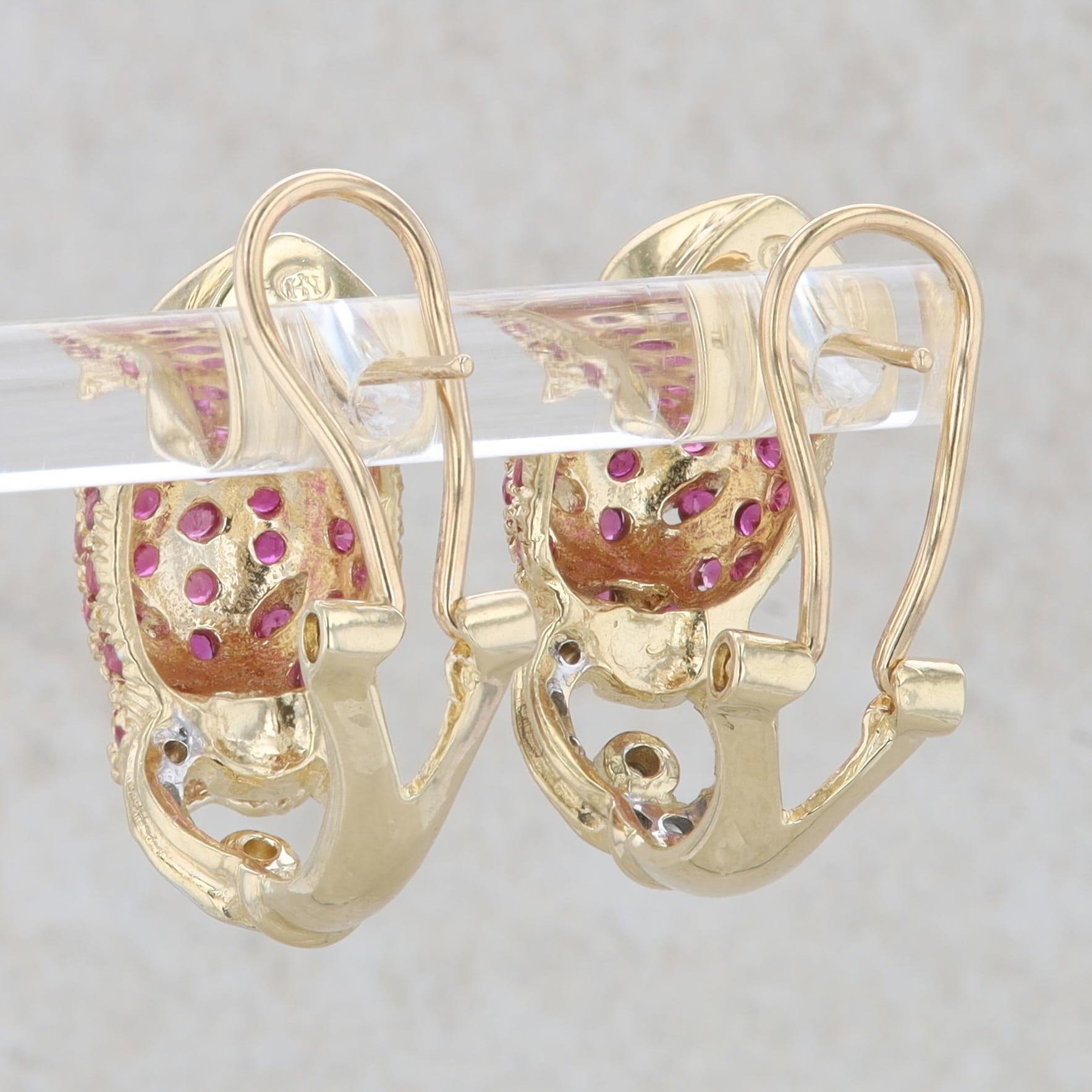 Heng Ngai 14k Yellow Gold Ruby & Diamond Leopard Omega Back Earrings