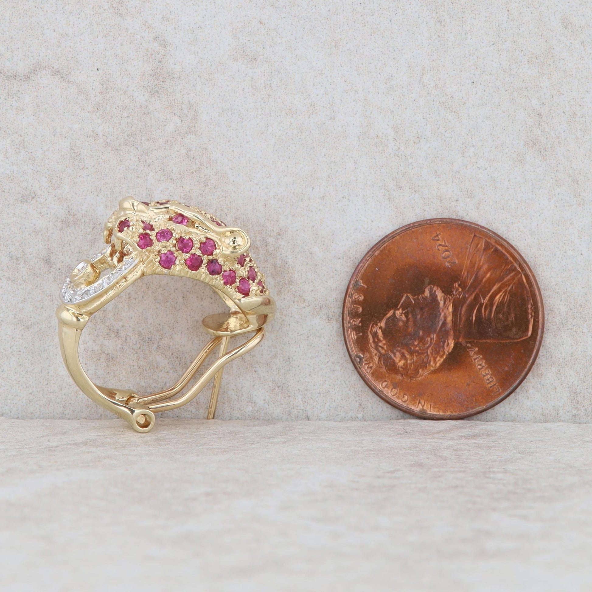Heng Ngai 14k Yellow Gold Ruby & Diamond Leopard Omega Back Earrings
