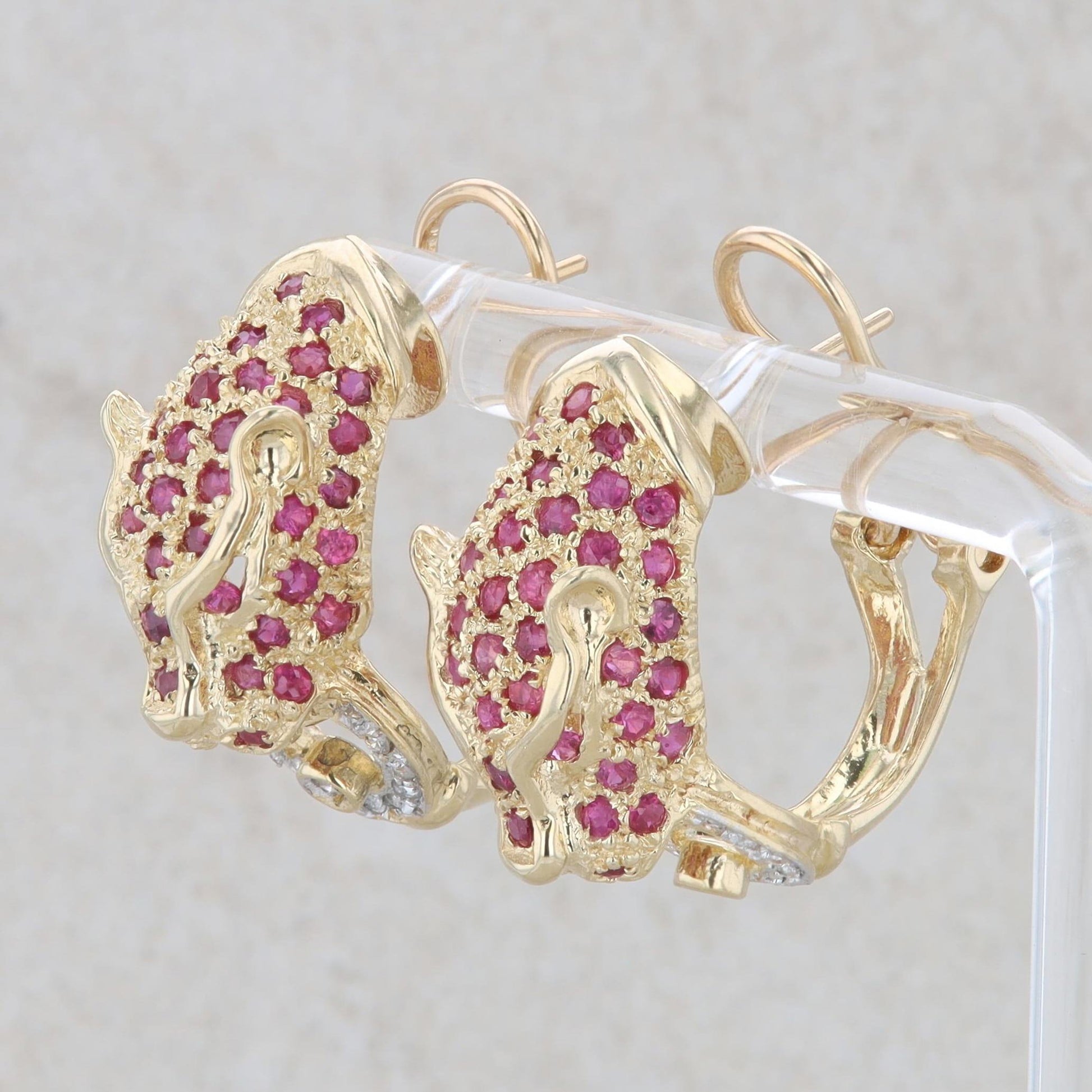 Heng Ngai 14k Yellow Gold Ruby & Diamond Leopard Omega Back Earrings