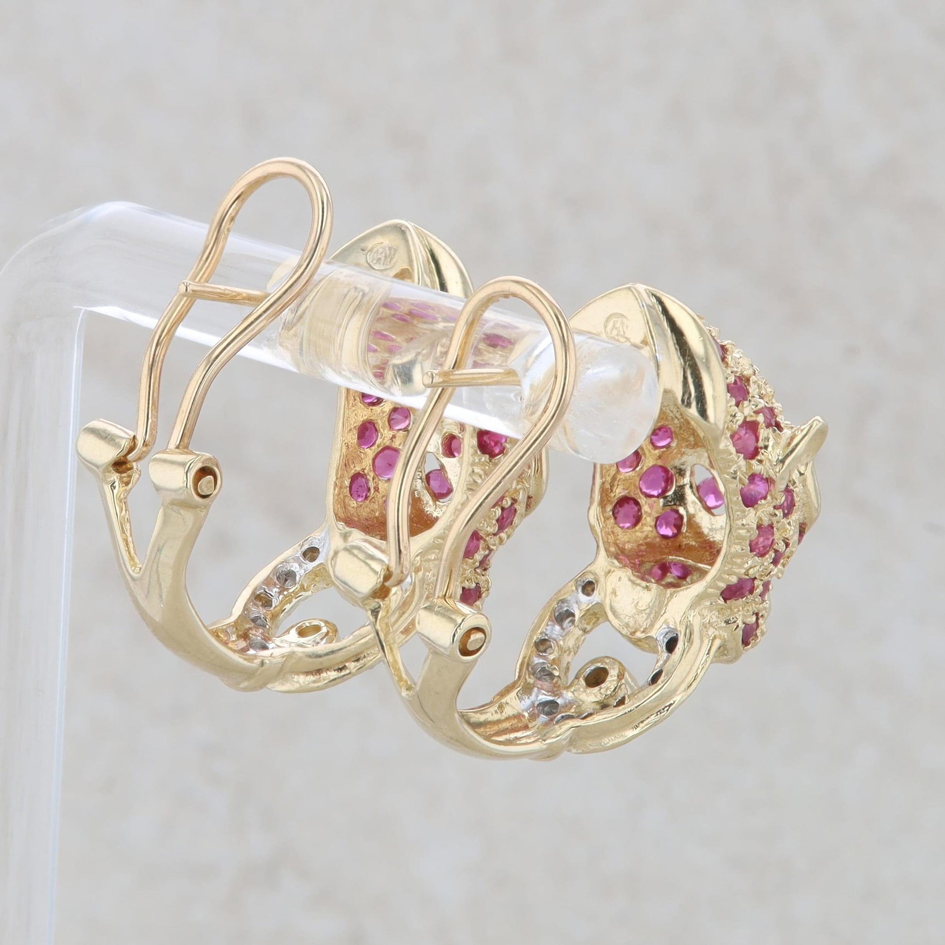 Heng Ngai 14k Yellow Gold Ruby & Diamond Leopard Omega Back Earrings