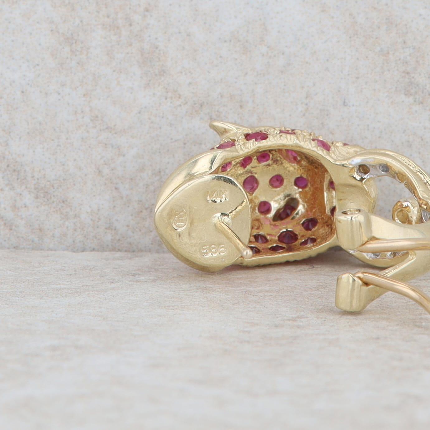 Heng Ngai 14k Yellow Gold Ruby & Diamond Leopard Omega Back Earrings