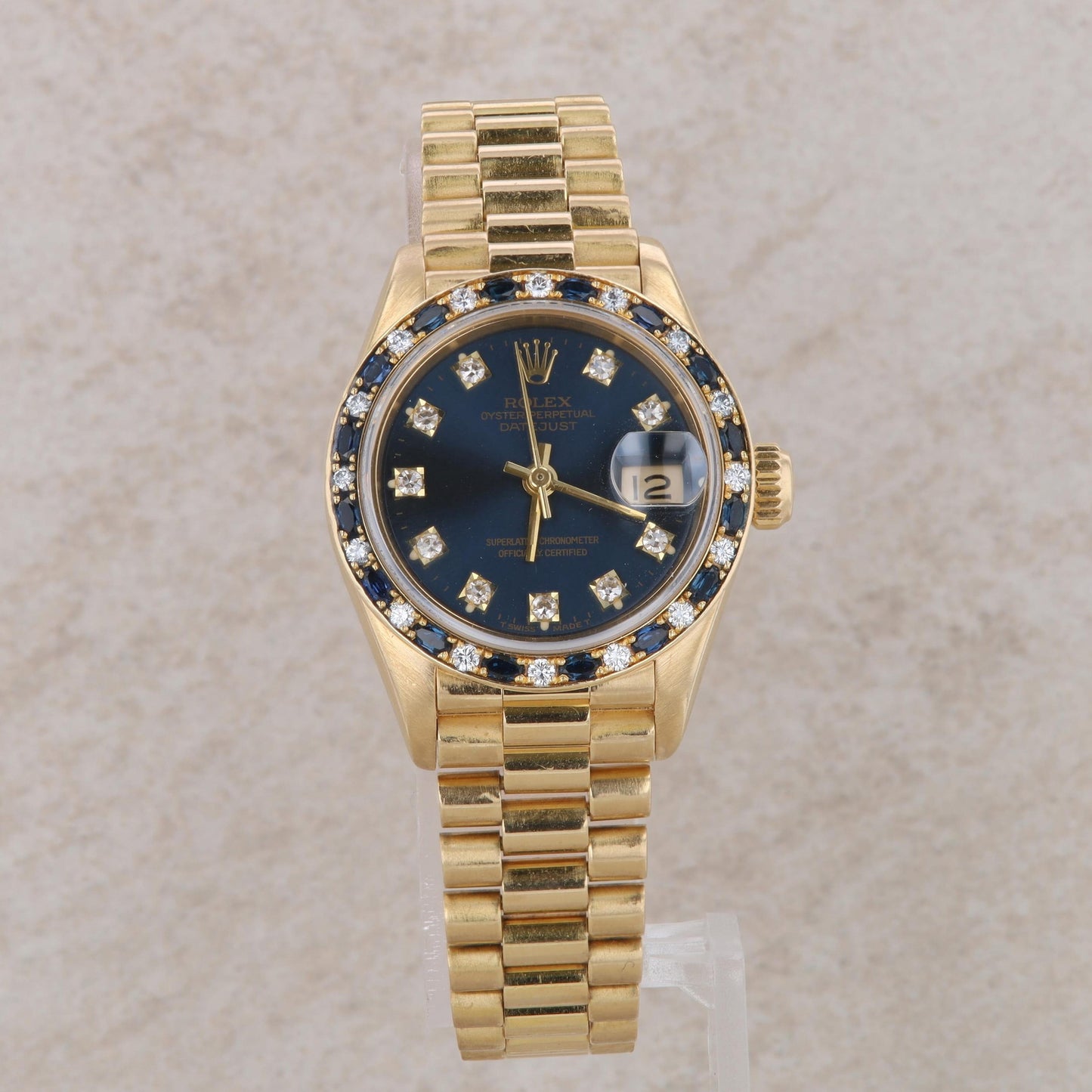 18k Gold Blue Dial Diamond & Sapphire Bezel Oyster Perpetual Rolex Watch-1989