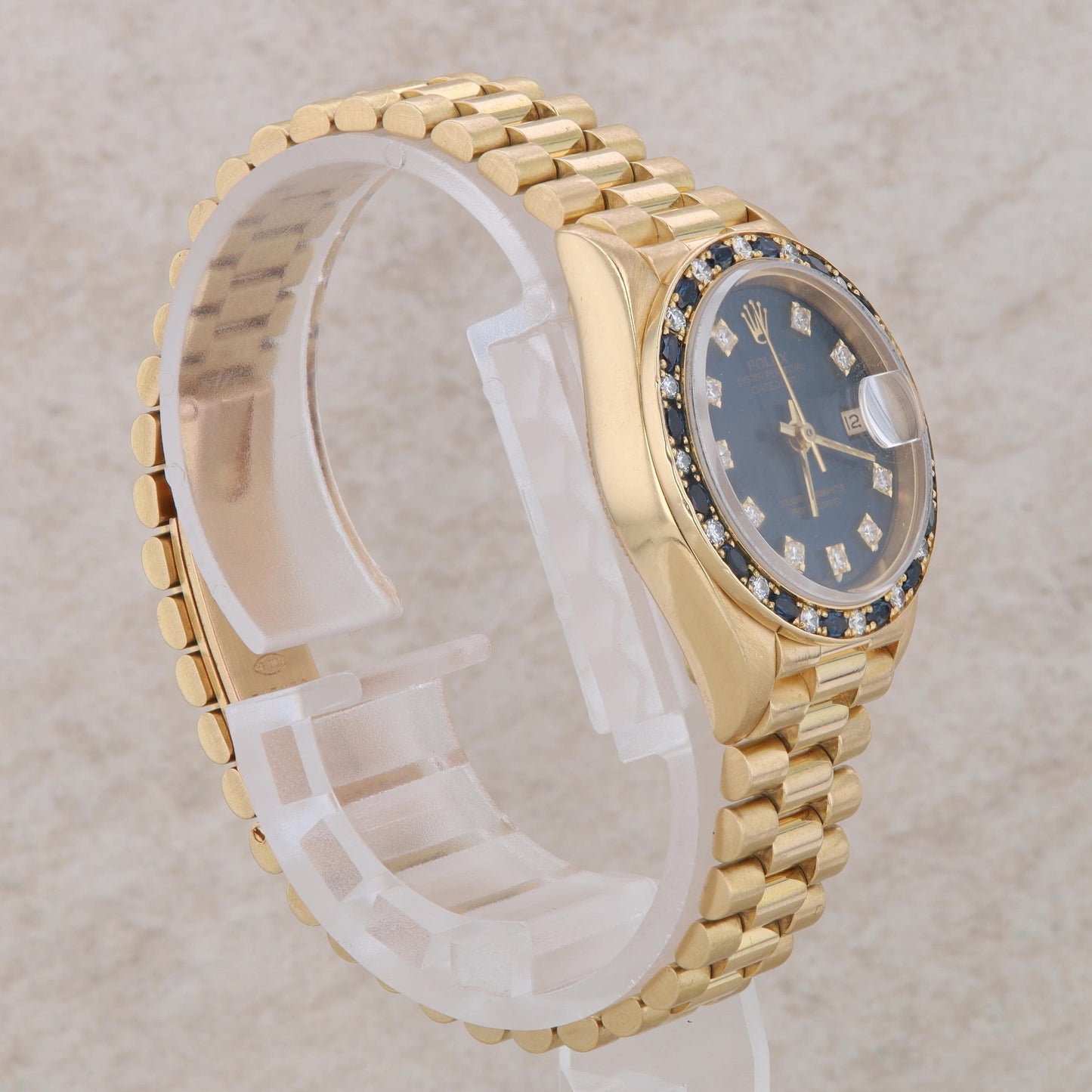 18k Gold Blue Dial Diamond & Sapphire Bezel Oyster Perpetual Rolex Watch-1989