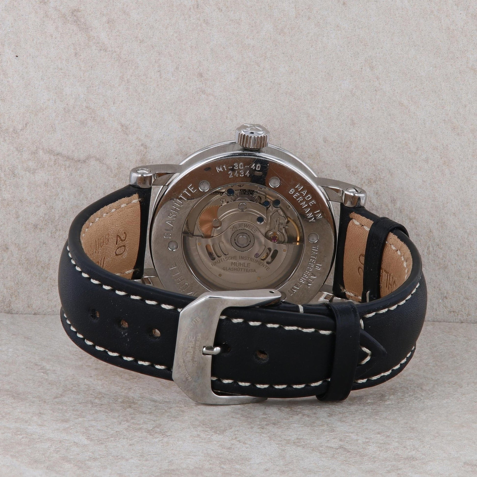 Teutonia II Medium Muhle Glashutte Stainless Steel and Black Leather Watch