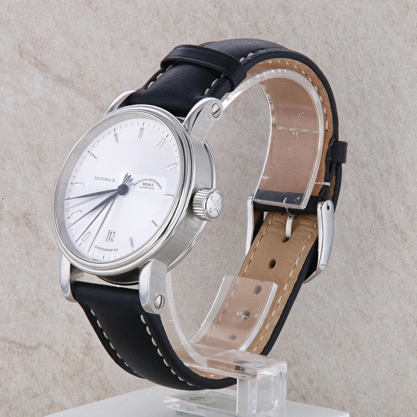 Teutonia II Medium Muhle Glashutte Stainless Steel and Black Leather Watch