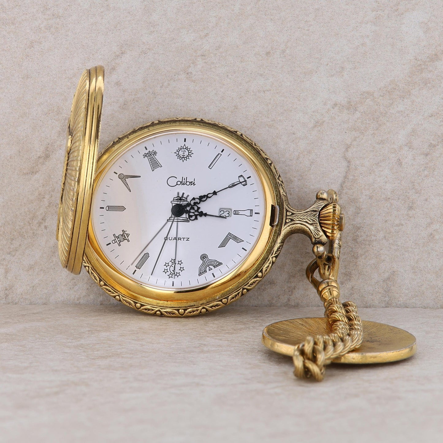 Colibri Gold Plated Masonic Pocket Watch with Gold Plated Masonic Chain Pendant