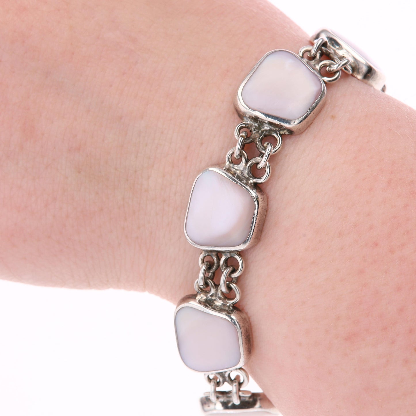 Sterling Silver Pink Mother of Pearl Stationed Bracelet with Toggle Clasp